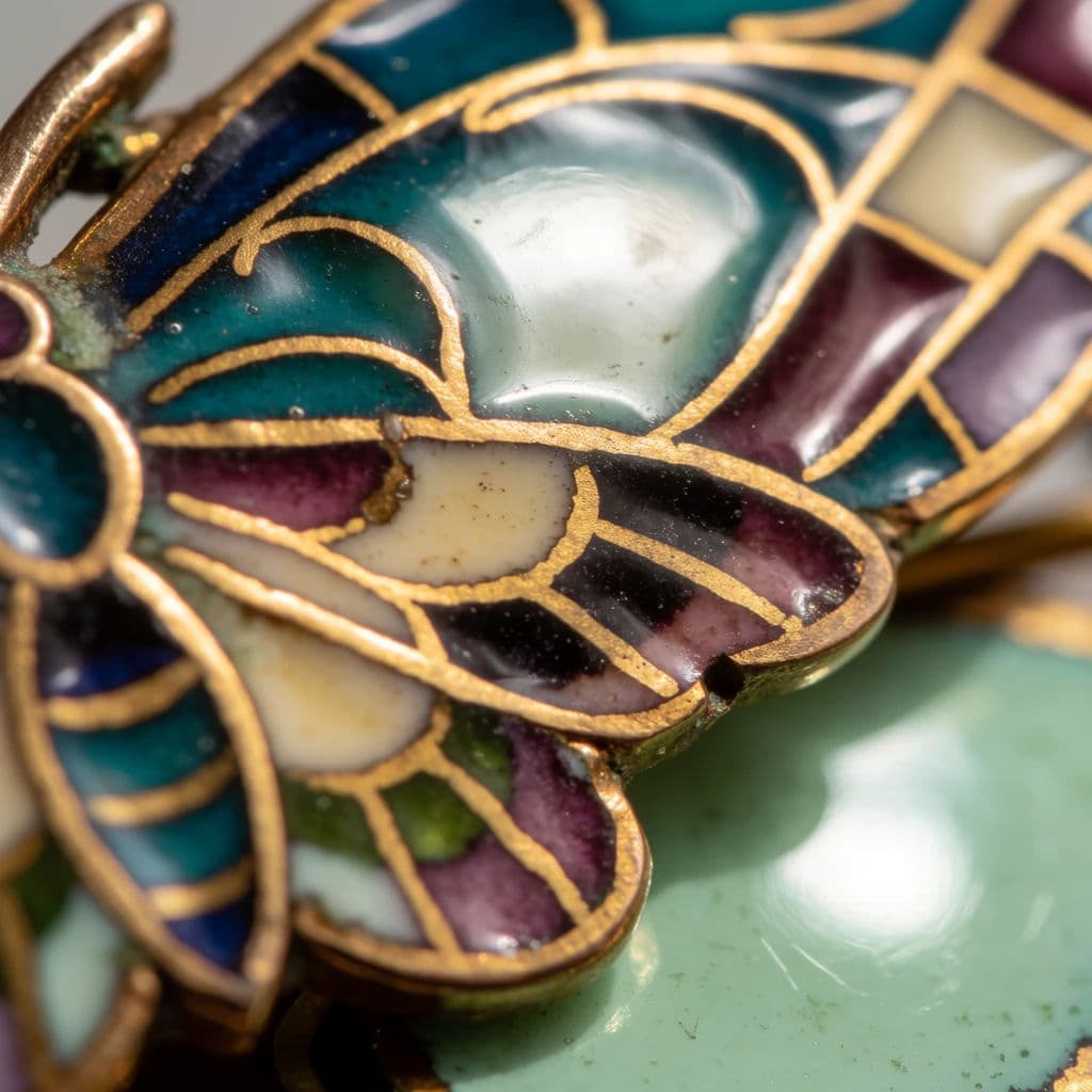 Cloisonné enamel brooch of a moth with visible wire cells, generated with Krea