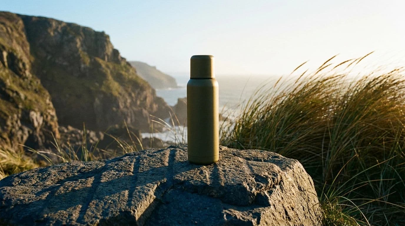 Product composited into a landscape with matched light, generated with Nano Banana