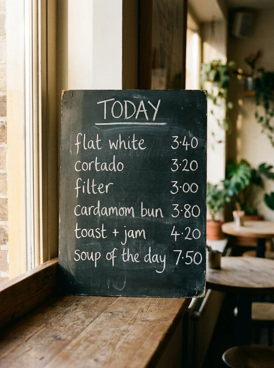 Cafe menu board with prices, generated with Nano Banana
