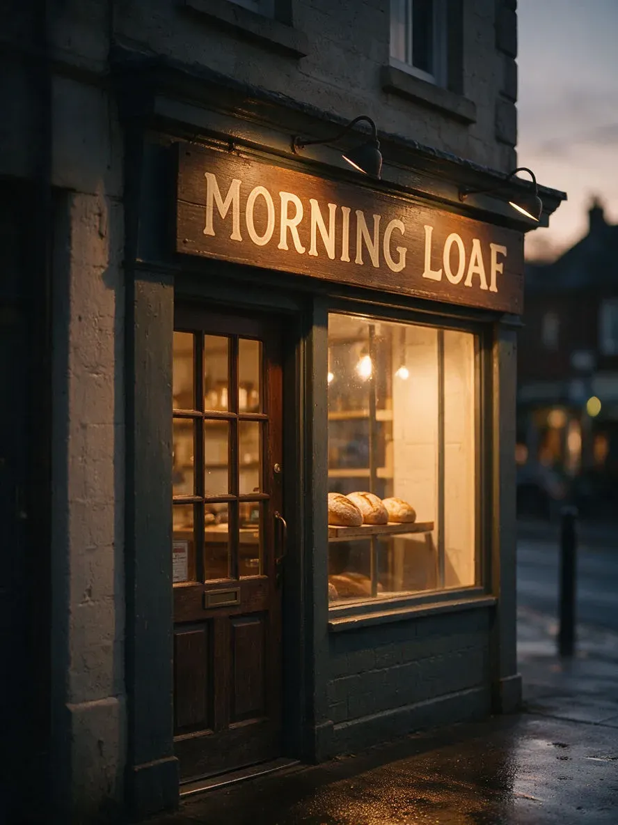 لافتة مخبز مرسومة باليد تقرأ MORNING LOAF فوق باب محل عند الغسق، بنموذج Seedream الحالي