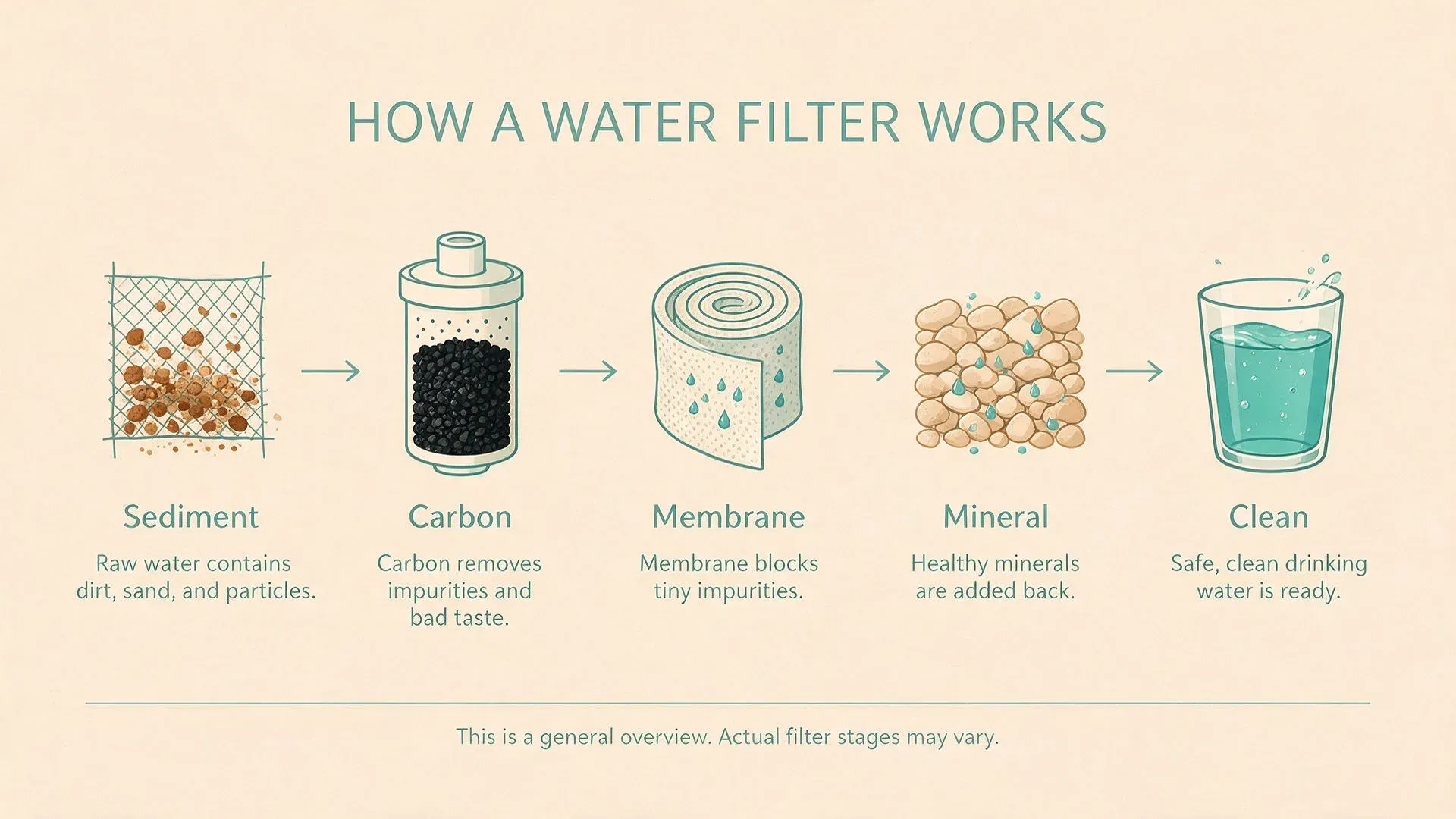 إنفوغرافيك مسطح بعنوان HOW A WATER FILTER WORKS بخمس مراحل مسمّاة، بنموذج Seedream الحالي
