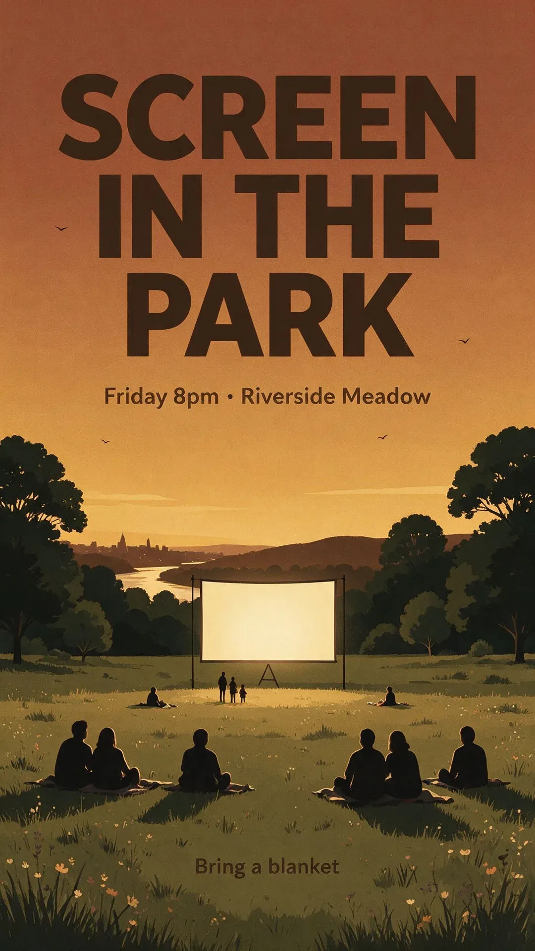 ملصق فعالية طويل يقرأ SCREEN IN THE PARK فوق رسم مرج عند الغسق، بنموذج Seedream الحالي