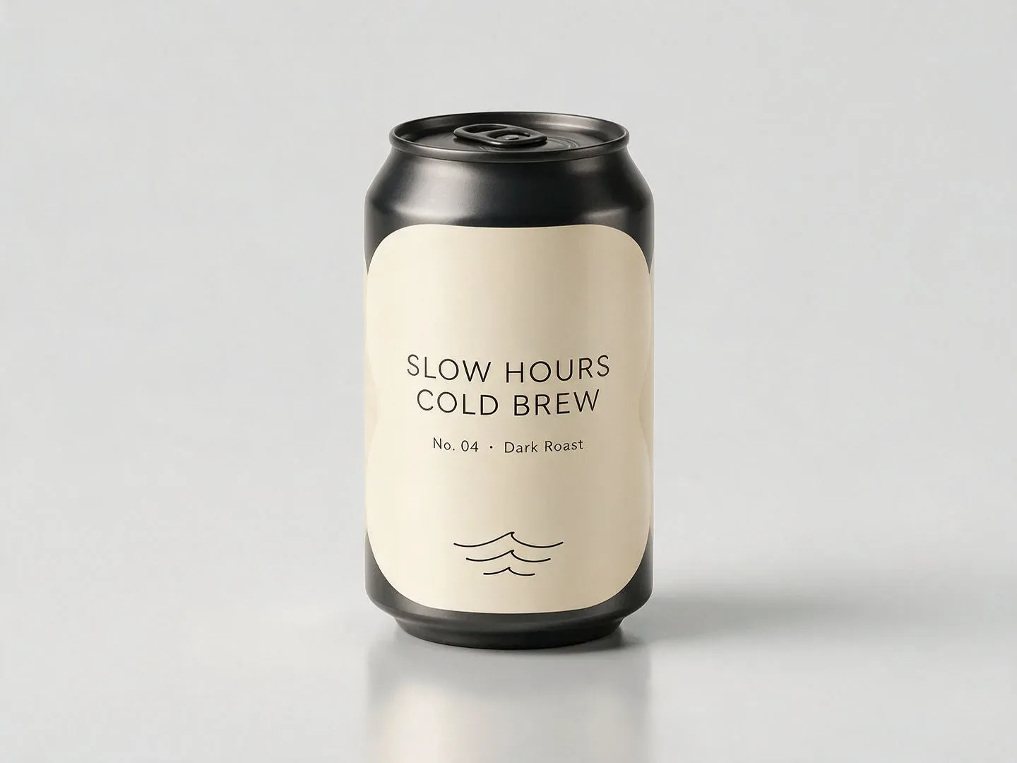 لقطة استوديو لعلبة قهوة باردة خيالية تحمل ملصق SLOW HOURS COLD BREW، بنموذج Seedream الحالي