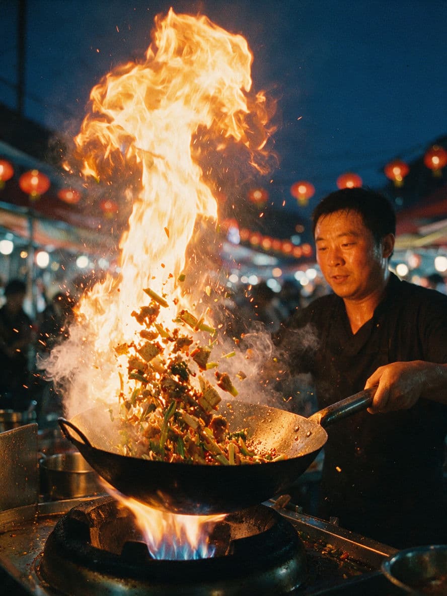 Wokfeuer eines Streetfood-Standes in Chengdu bei Nacht, generiert mit Seedream 5.0 Pro