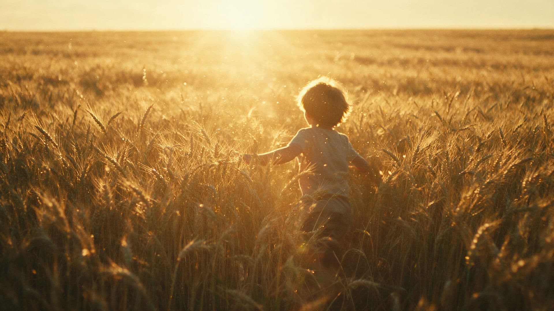 Gegenlicht-Aufnahme eines Kindes, das zur goldenen Stunde durch Weizen rennt, generiert mit Seedream 5.0 Pro