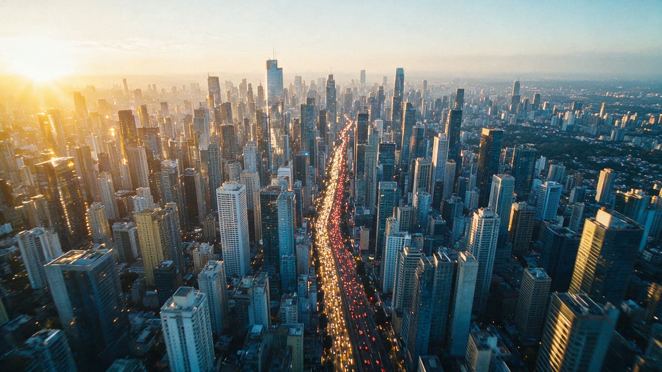Drohnen-Filmstill einer Megacity in der Dämmerung, generiert mit Seedream 5.0 Pro
