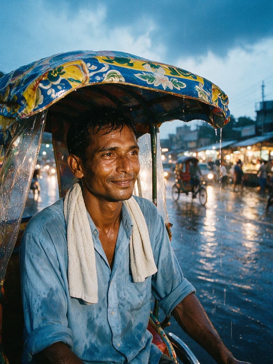Porträt eines Rikschafahrers im Monsun in Dhaka, generiert mit Seedream 5.0 Pro