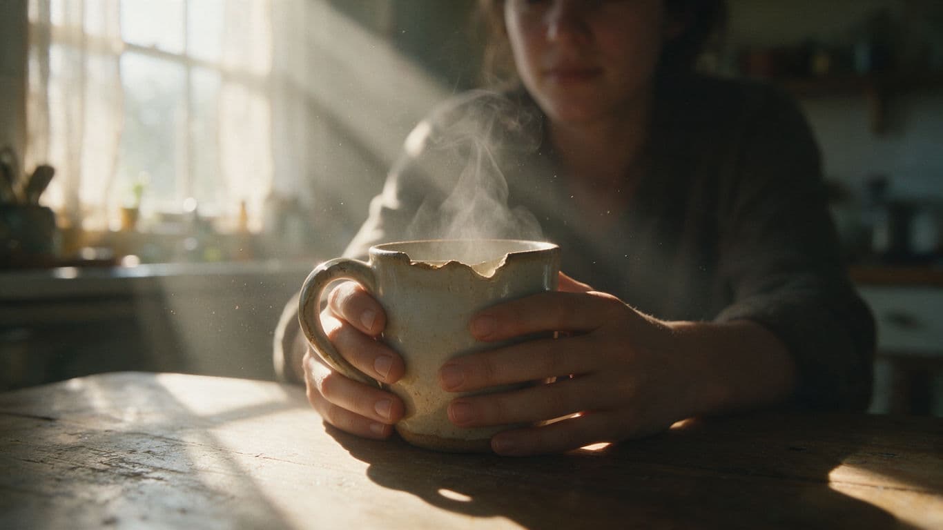 Intimes Filmstill von Händen und Tasse in einer Küche im Morgengrauen, generiert mit Seedream 5.0 Pro