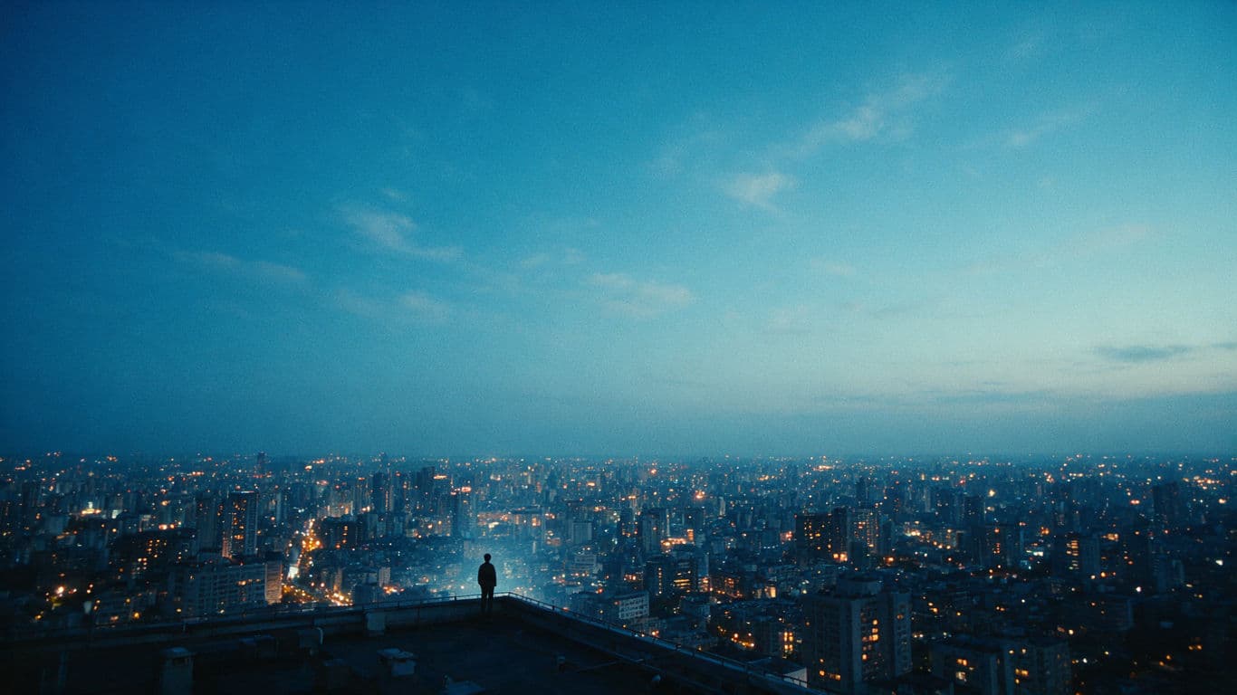 Filmstill einer einsamen Gestalt auf einem Dach zur blauen Stunde, generiert mit Seedream 5.0 Pro