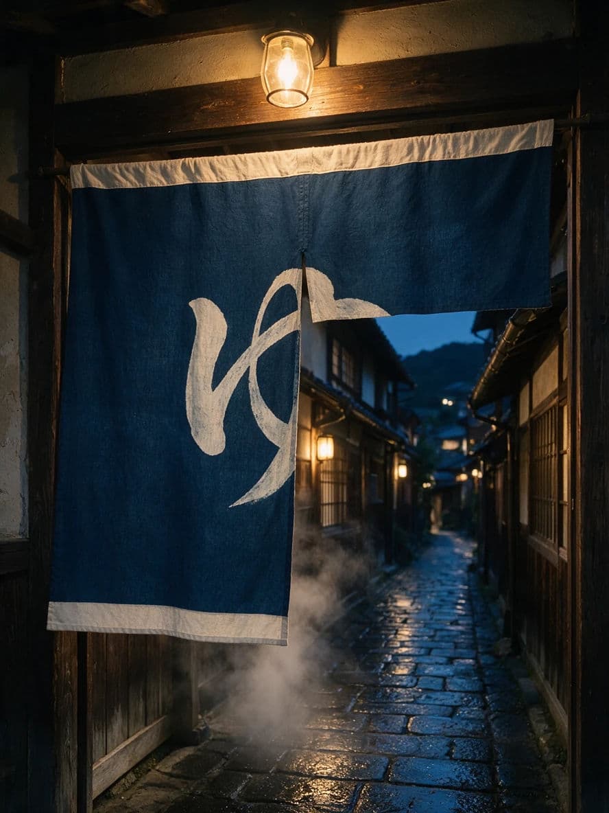 Bathhouse noren curtain carrying a single Japanese character in a narrow alley, generated with Seedream