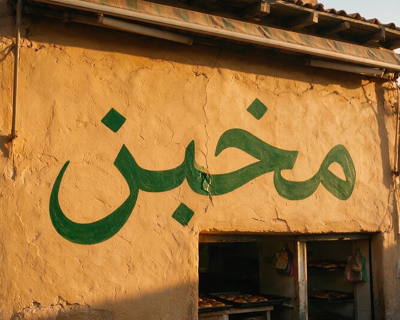 Painted Arabic bakery sign above a shopfront in warm afternoon light, generated with Seedream