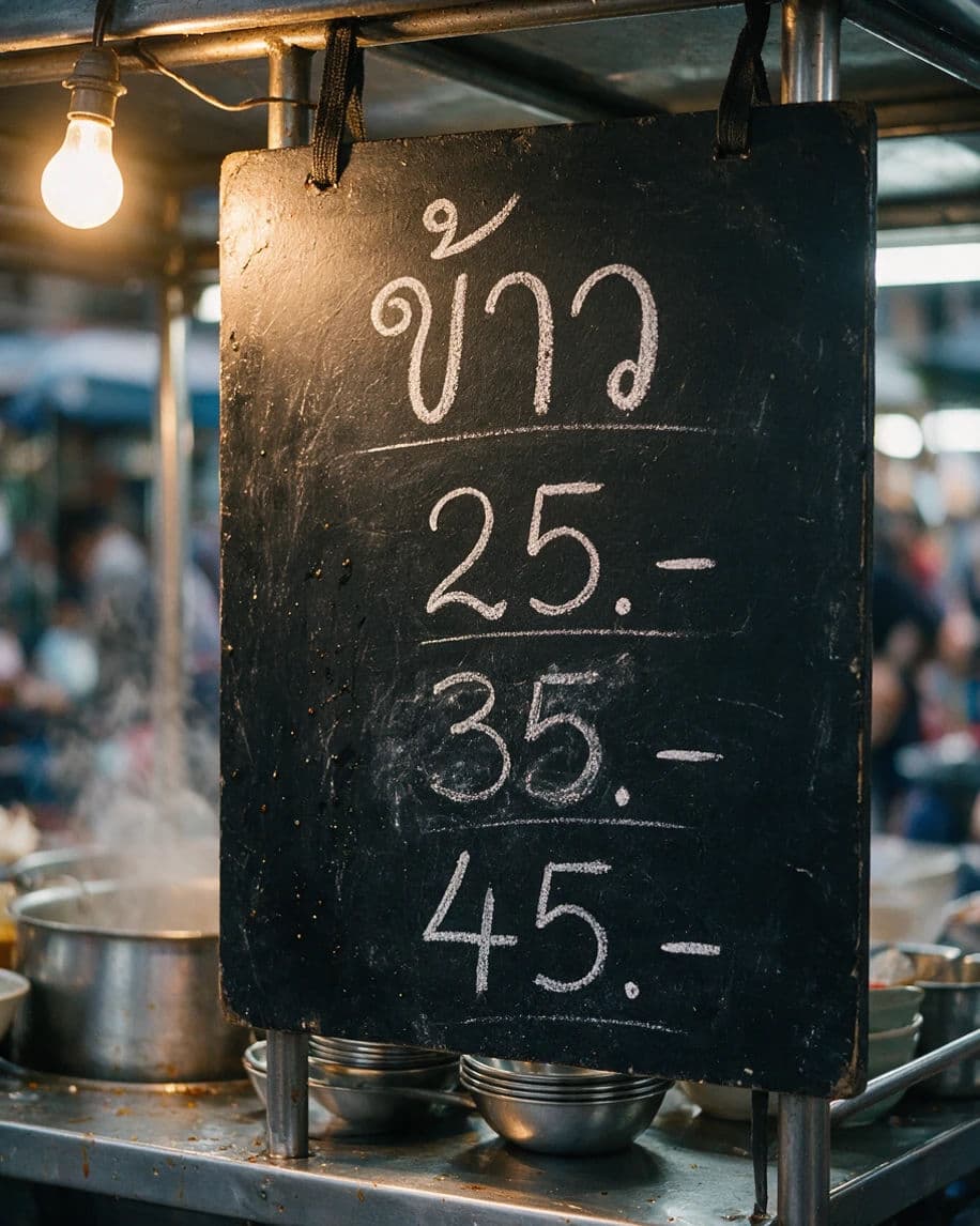 Thai menu board on a food cart with prices in Thai numerals, generated with Seedream