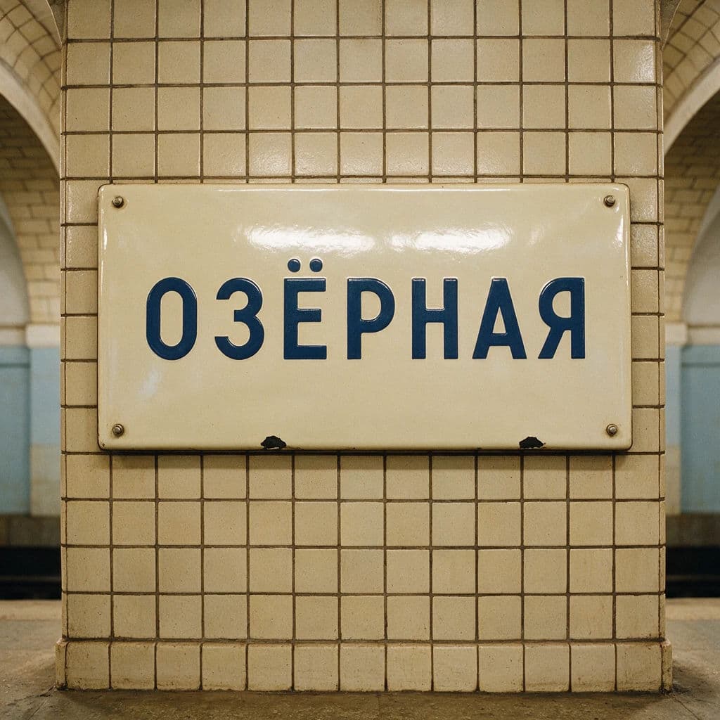 Enamel Cyrillic station sign on a tiled metro wall, generated with Seedream