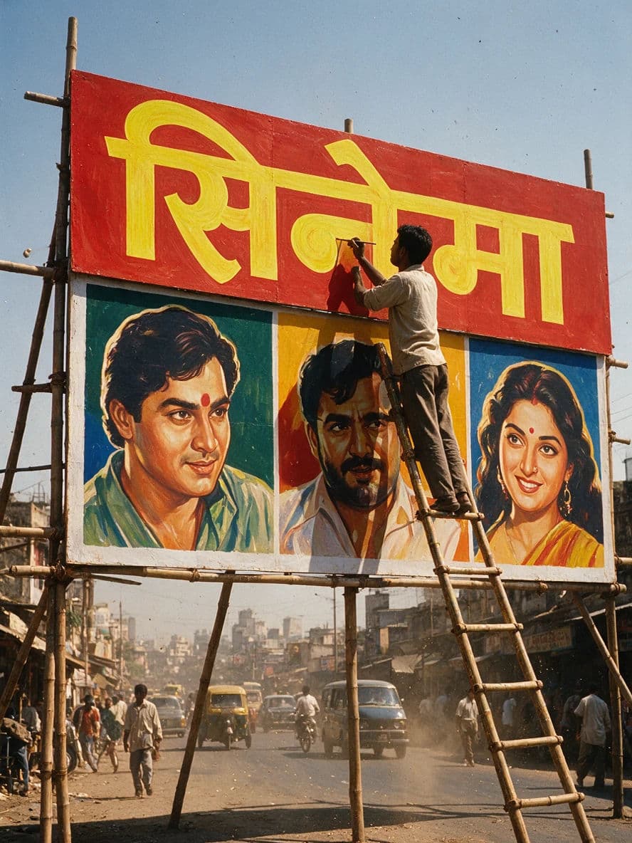 Hand-painted Devanagari cinema hoarding being installed above a street, generated with Seedream
