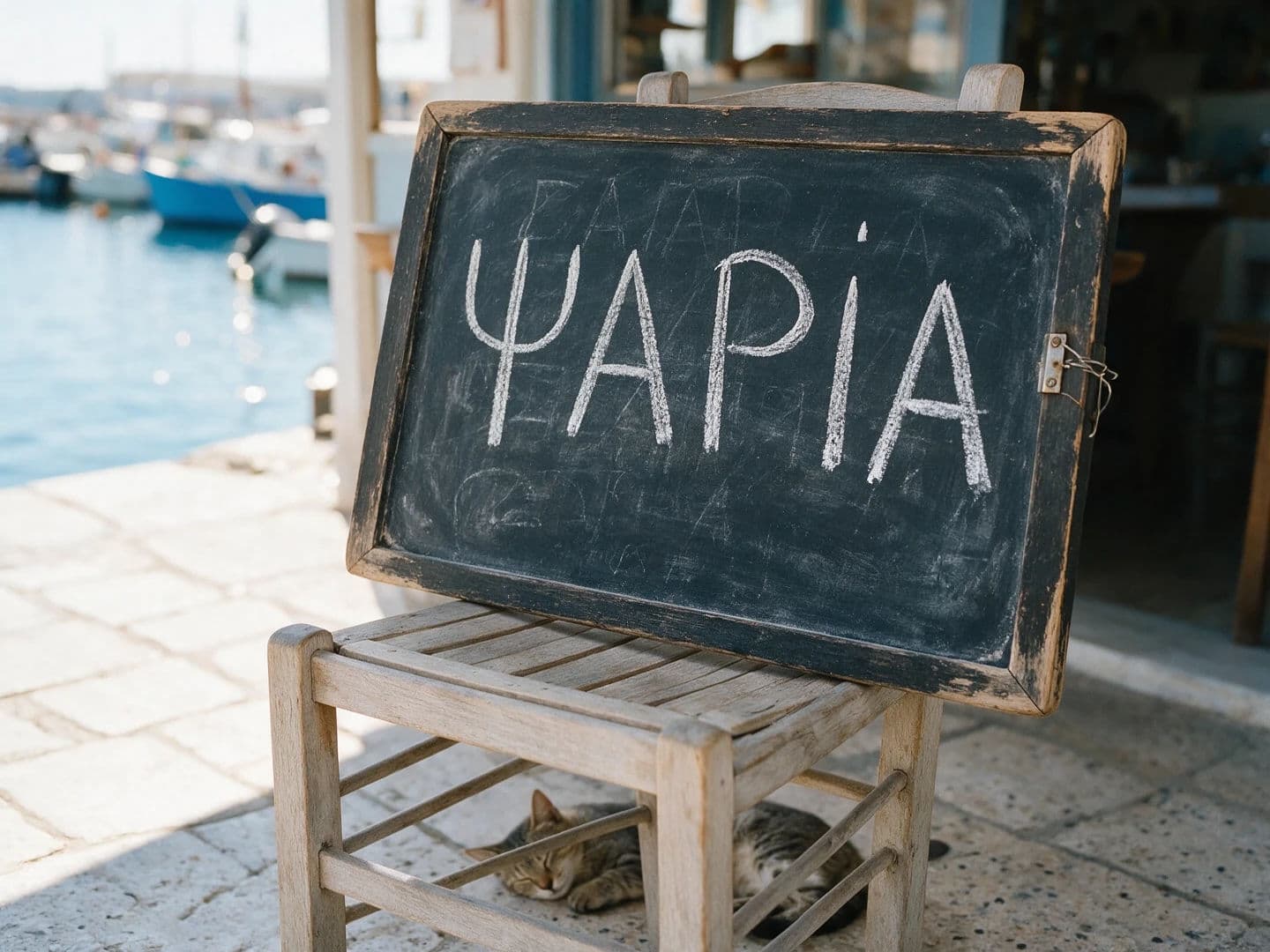 Greek chalkboard outside a harbourside taverna, generated with Seedream