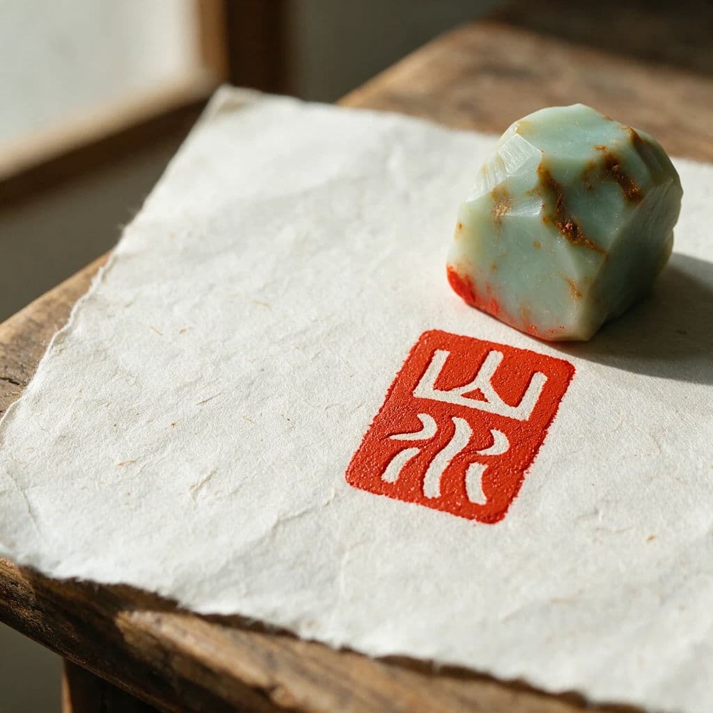 Carved stone seal with Chinese characters and red ink impression, generated with Seedream