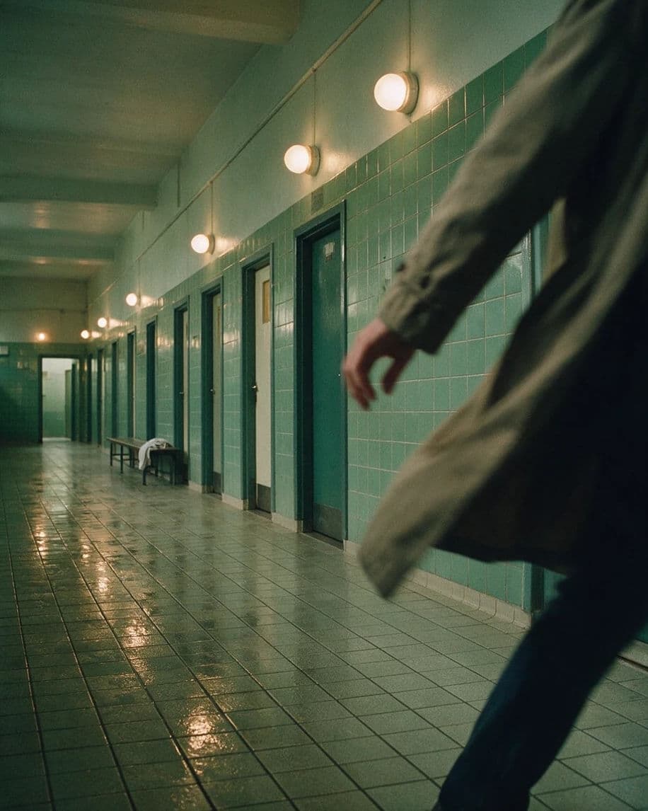Figure walking out of frame in a tiled corridor, generated with Seedream