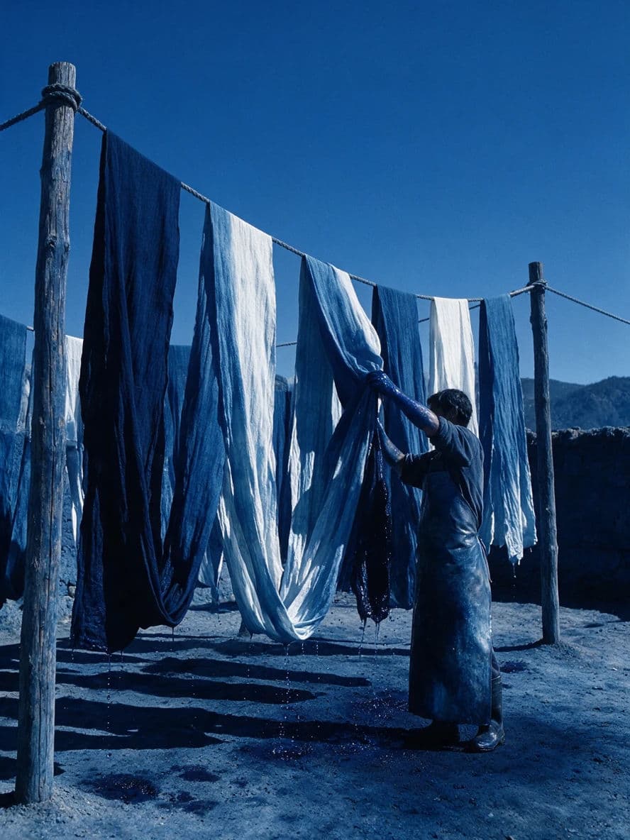 Lengths of dyed cloth drying in the sun in a single colour family, generated with Seedream