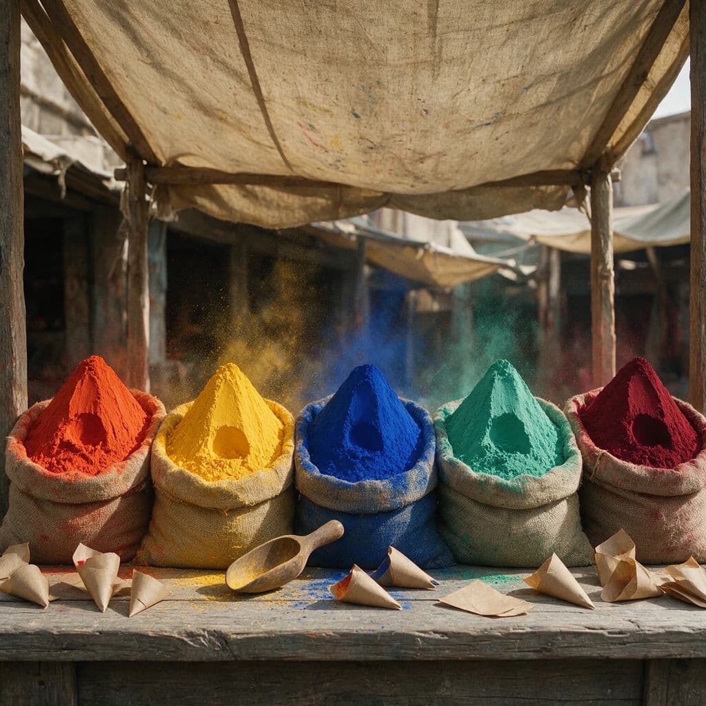Pigment stall with cones of powdered colour under an awning, generated with Seedream