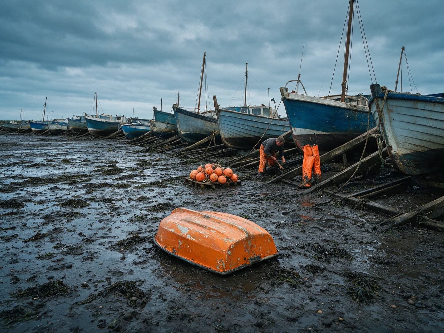 Fishing boats in complementary orange and blue at a slipway, generated with Seedream