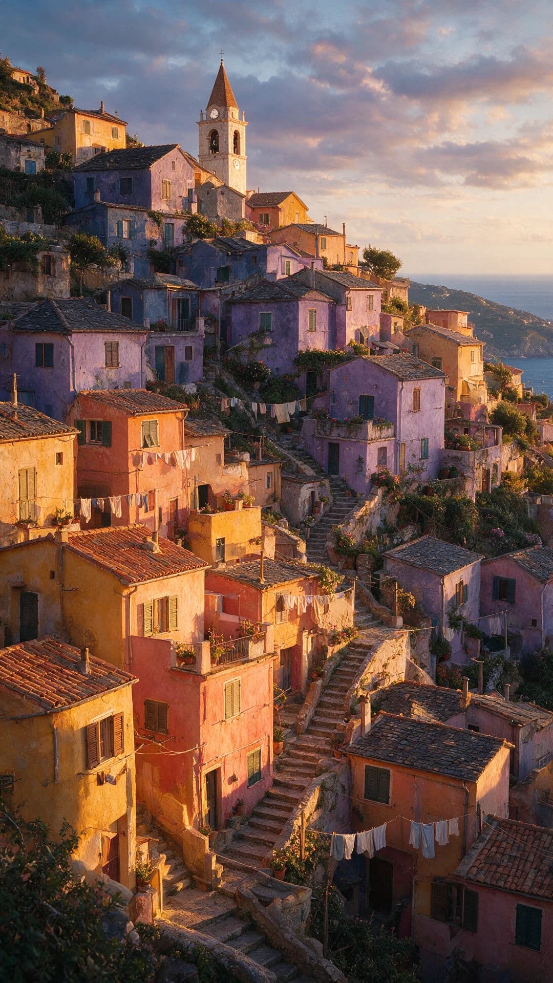 Painted houses stacked up a steep hillside in late light, generated with Seedream