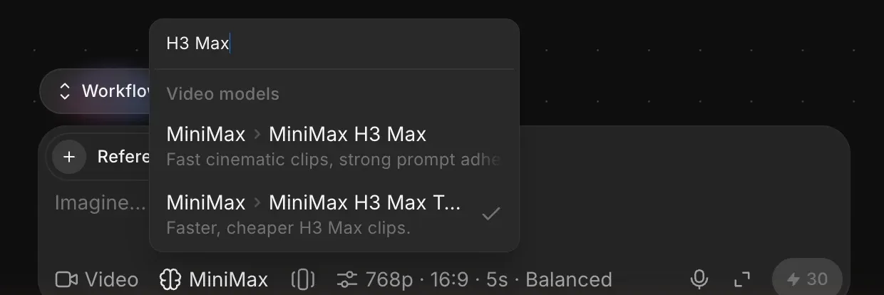 Morphic prompt bar in Video mode with the model picker open on MiniMax H3 Max Turbo