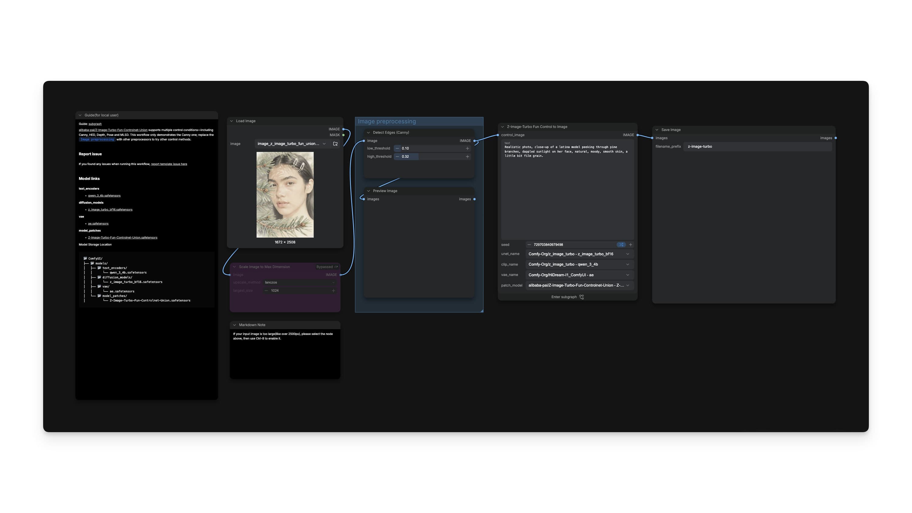 A node-based AI workflow canvas in ComfyUI, with load-image, preprocessing, and model nodes connected by wires