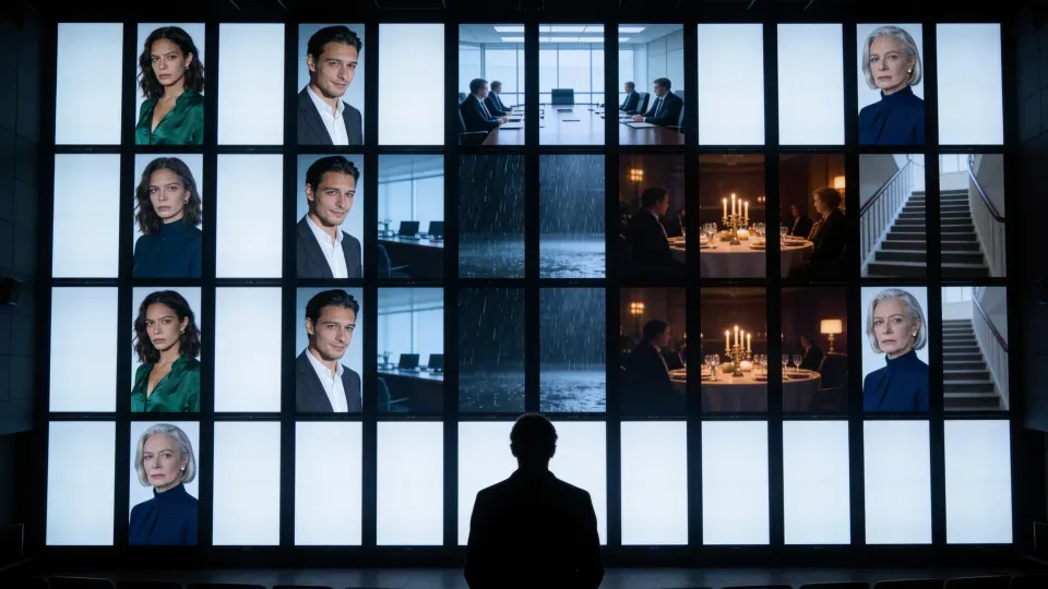 A wall of vertical screens showing scenes from one drama series in a dark screening room