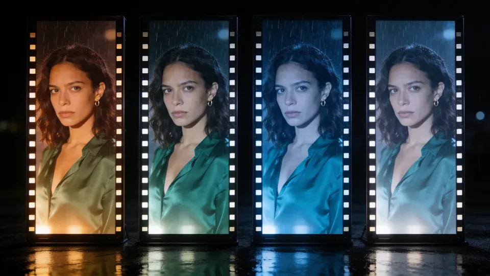 Four vertical frames of the same actress in the rain, each with a different look