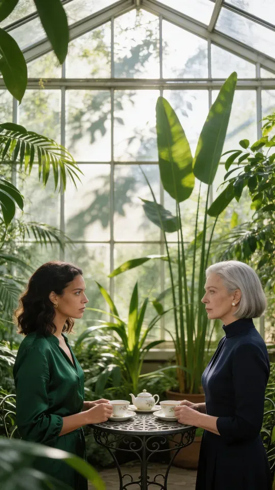 The lead in emerald and a silver-haired matriarch in navy face each other across a tea table in a sunlit conservatory