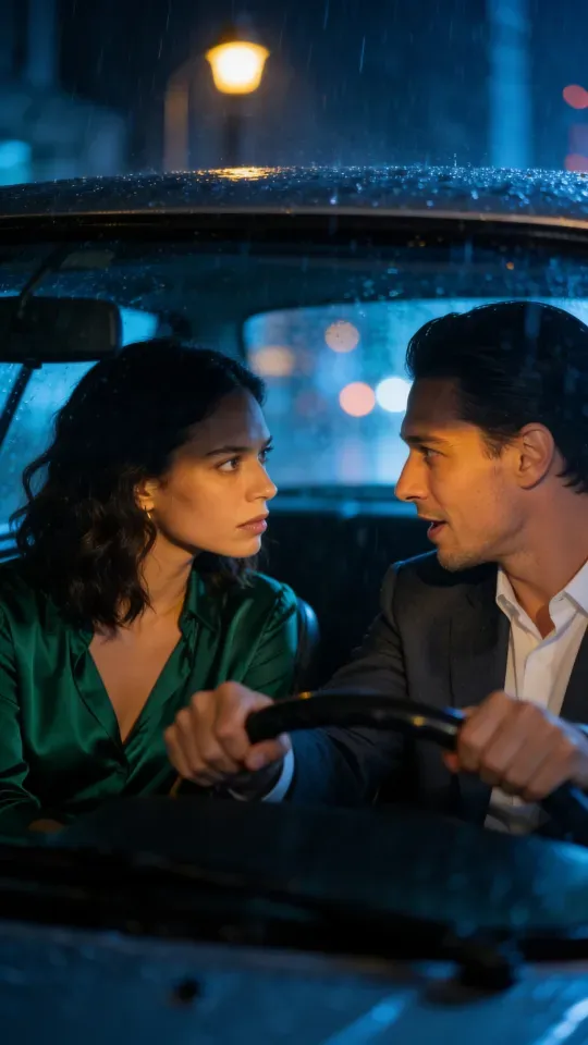 The lead in emerald and a man in a charcoal suit argue in a parked car on a rainy night