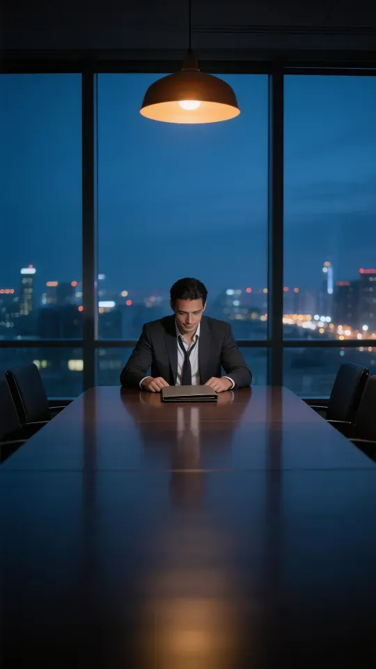 A man in a charcoal suit sits alone at the end of an empty boardroom table at night