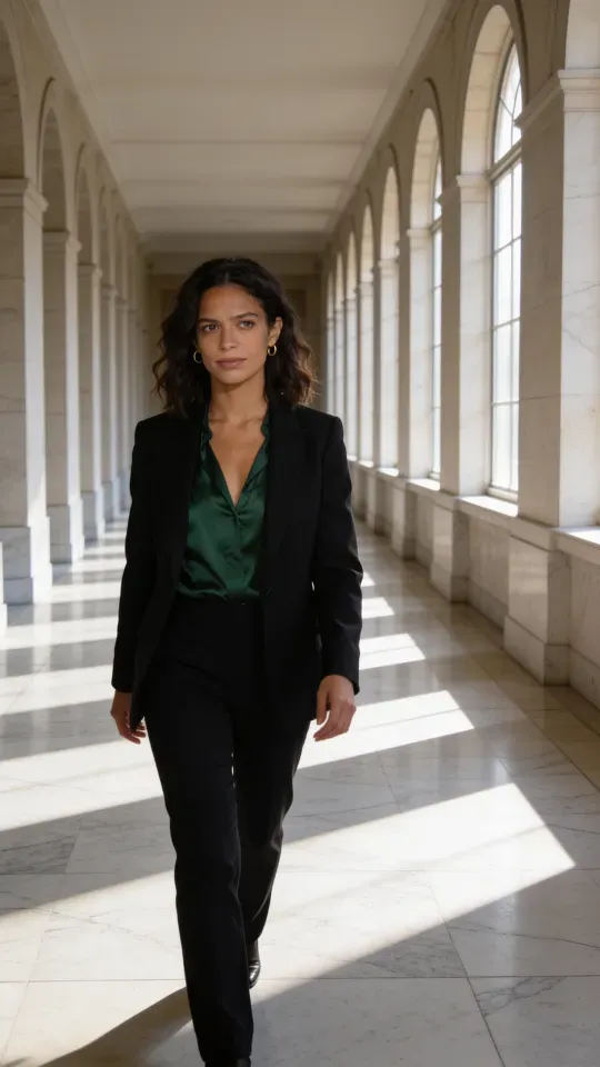 The lead in emerald and a black blazer walks down a long marble corridor toward the camera