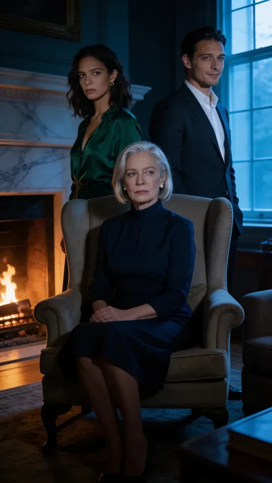 The matriarch in an armchair with the lead and the man in a charcoal suit standing behind her by a fireplace