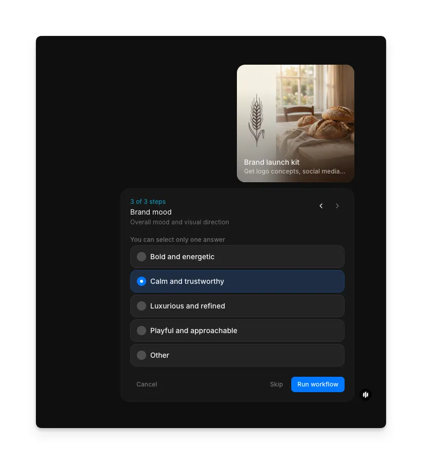 اختيار أجواء العلامة يعرض أزرار خيار لجريئة ونشطة وهادئة وجديرة بالثقة وفاخرة وراقية ومرحة وودودة وأخرى مع زرّ تشغيل سير العمل