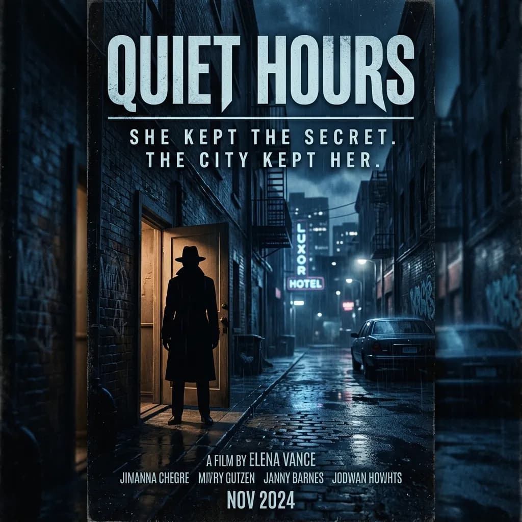 Nano Banana 2 metin ağırlıklı film afişi sonucu: Quiet Hours adlı bir film için başlık ve slogan tipografisiyle neo-noir afiş