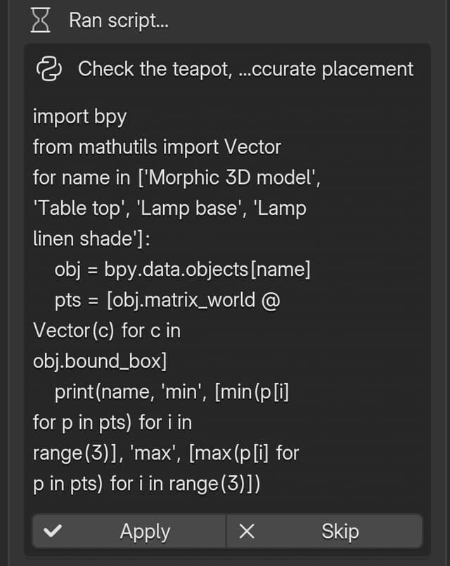 An approval card under 'Ran script…': the script's purpose, its full code, then Apply and Skip
