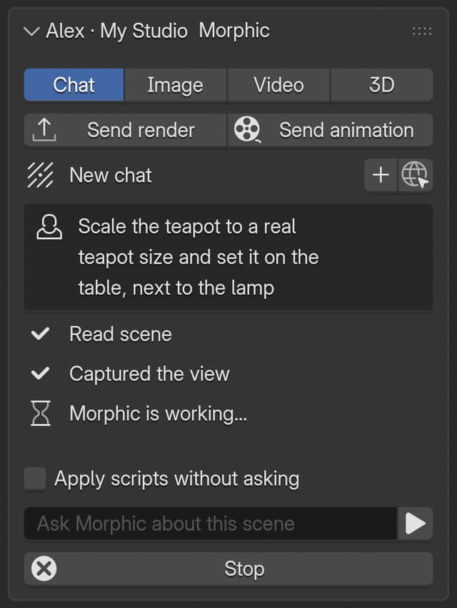 A chat in progress: the request, 'Read scene' and 'Captured the view' done, 'Morphic is working…' and the Stop button
