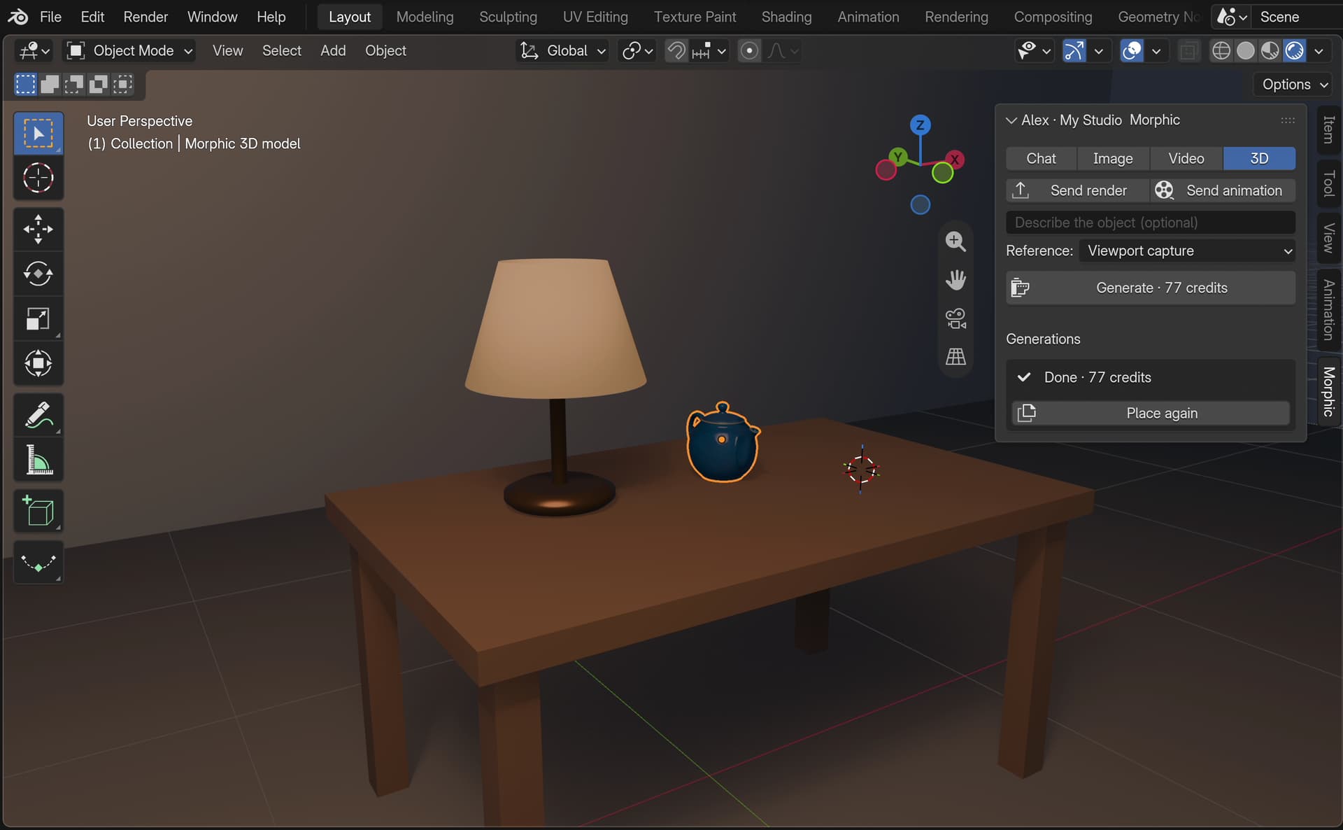 Blender with the Morphic tab open on '3D' in the sidebar, and a generated teapot model placed on the table