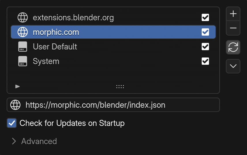 The Repositories menu with morphic.com selected, its URL and 'Check for Updates on Startup' on
