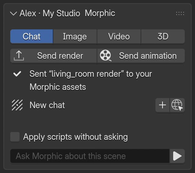 The 'Send render' and 'Send animation' buttons, with the message after a send