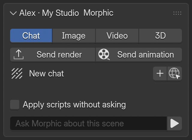 The Morphic panel after sign-in, with the first name and organization in its header