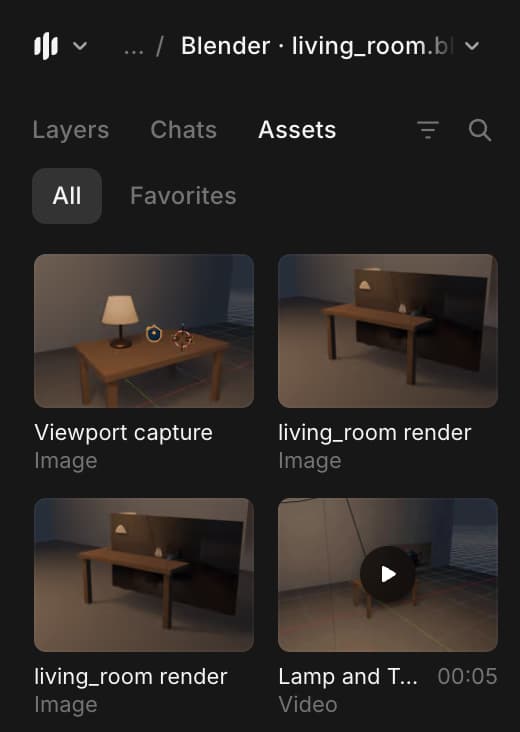 Studio's 'Assets' for a .blend's Morphic file, with two sent renders, a viewport capture and a generated video