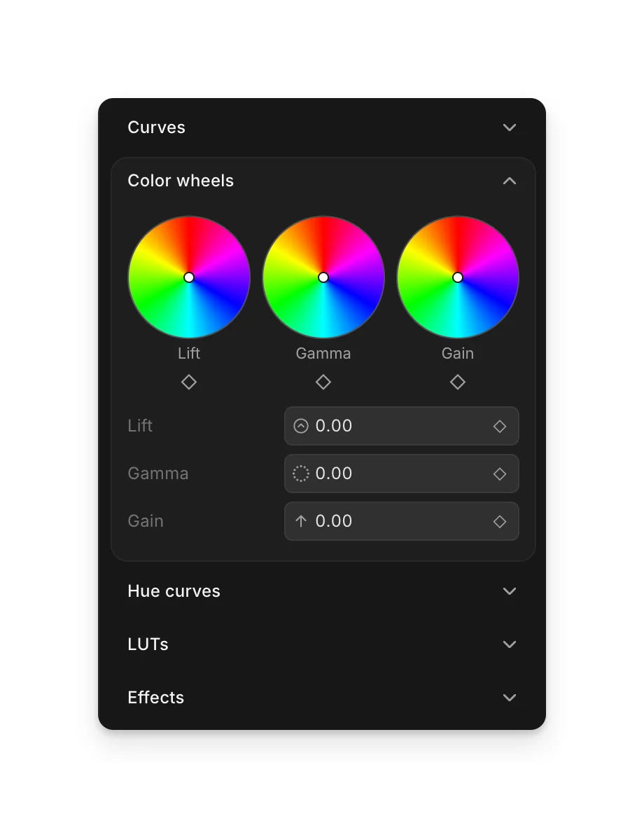 The advanced sections of the 'Adjust' tab, with 'Color wheels' open showing the Lift, Gamma and Gain wheels