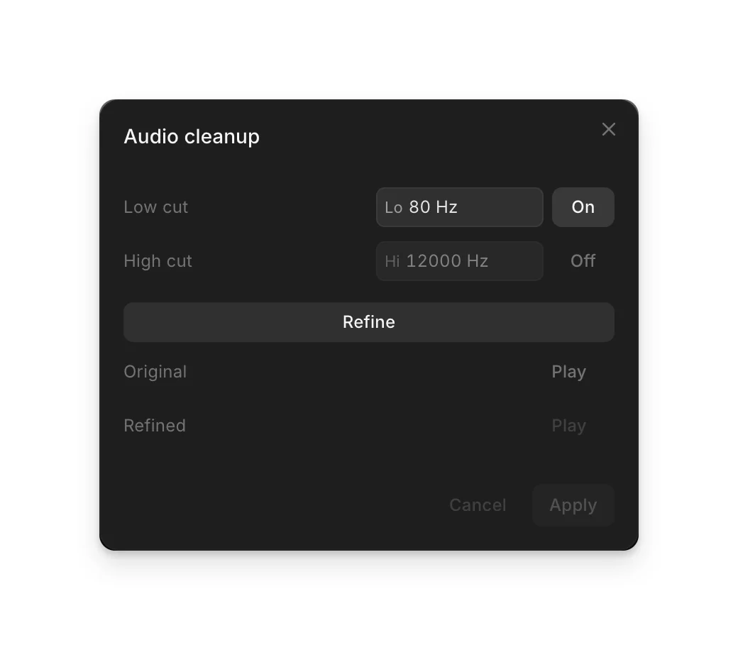 The 'Audio cleanup' window with Low cut, High cut, Refine, and Play buttons for Original and Refined