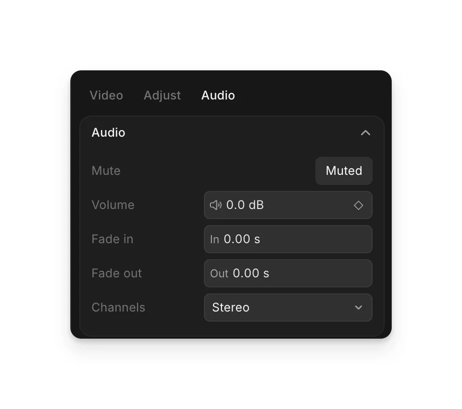 The 'Audio' tab with Mute, Volume, Fade in, Fade out and Channels settings