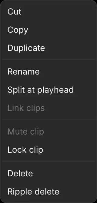 The right-click menu on a clip: Cut, Copy, Duplicate, Rename, Split at playhead, Link clips, Mute clip, Lock clip, Delete and Ripple delete