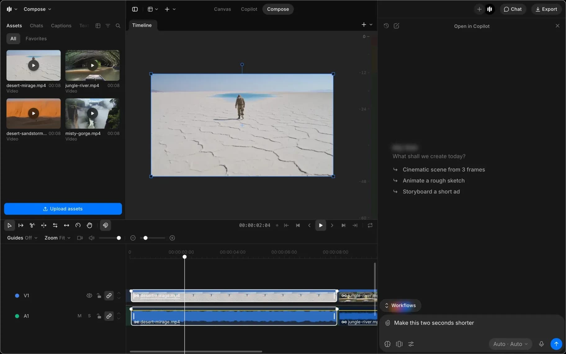 Compose with the first clip selected on the timeline and 'Make this two seconds shorter' typed in the Copilot prompt box