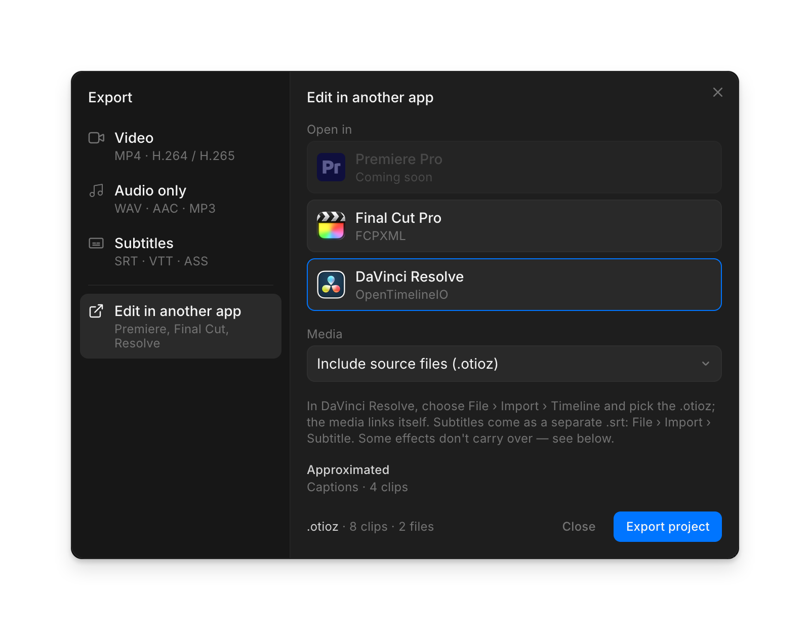 The 'Edit in another app' pane with DaVinci Resolve selected, the Media setting, the import hint, and captions listed under Approximated