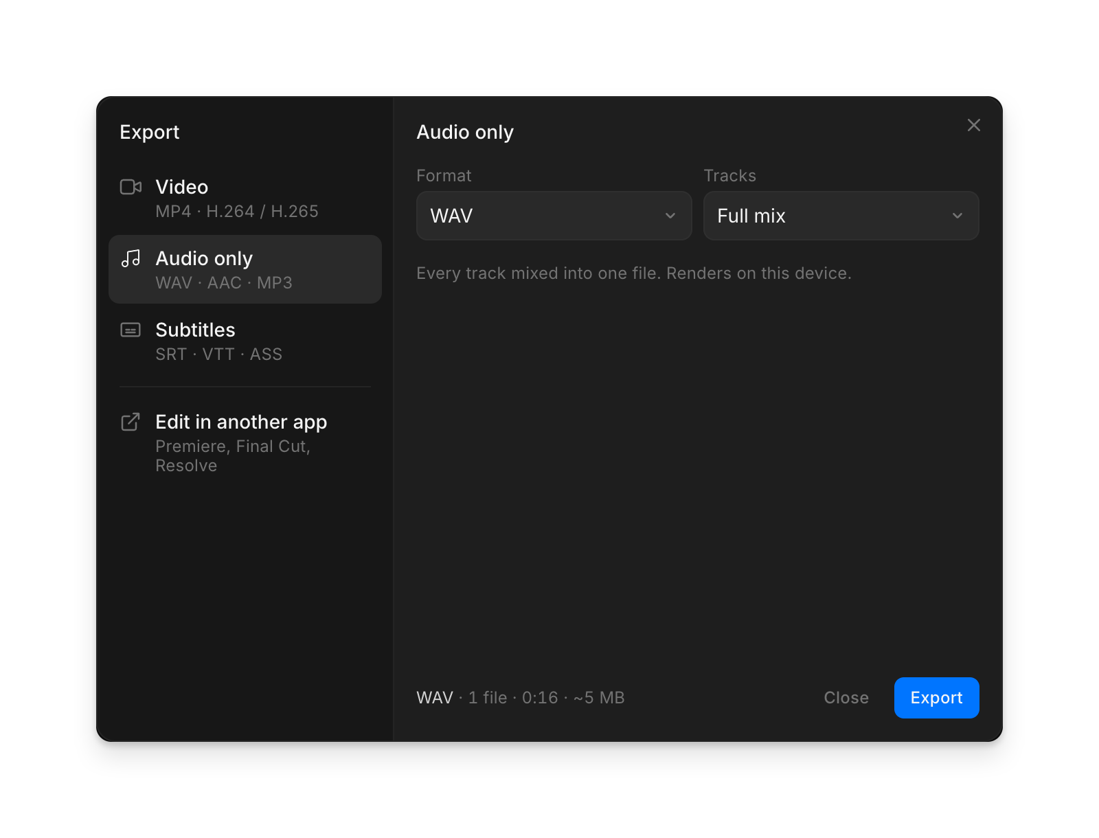 The Export dialog on 'Audio only', with Format set to WAV and Tracks set to Full mix